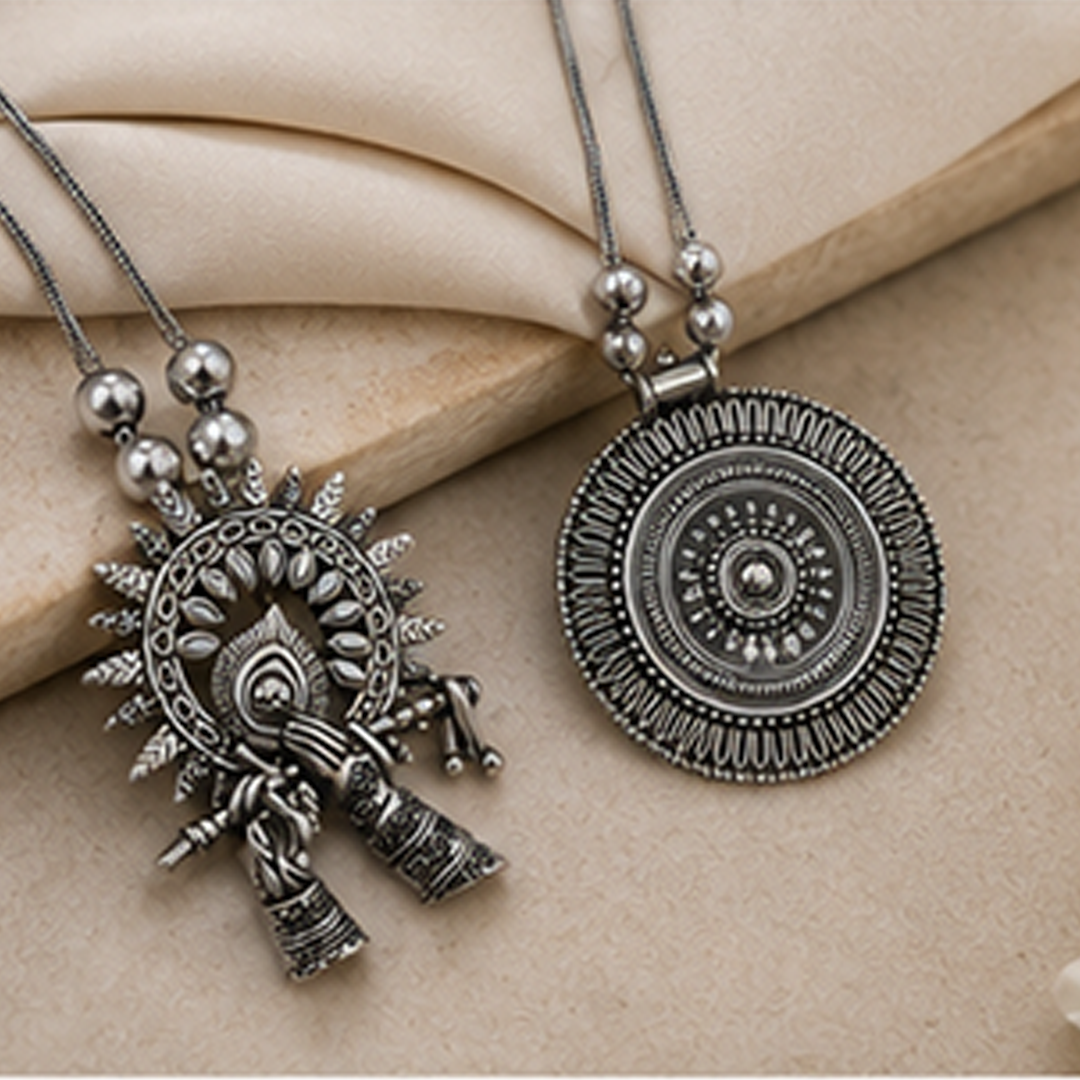Combo of 2 Lord Krishna Flute & Mandala Oxidised Necklace Set