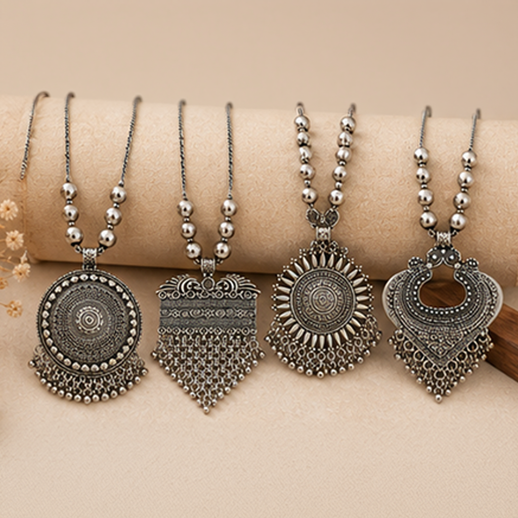 Pack of 4 Tribal Oxidised German Silver Long Necklace Set