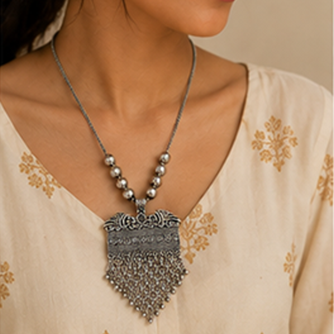 Pack of 4 Tribal Oxidised German Silver Long Necklace Set