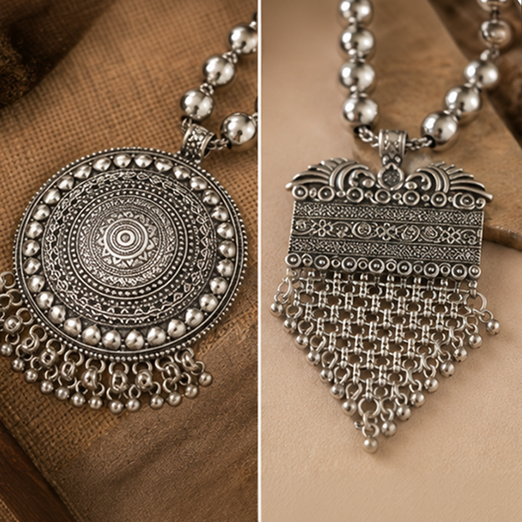 Pack of 4 Tribal Oxidised German Silver Long Necklace Set