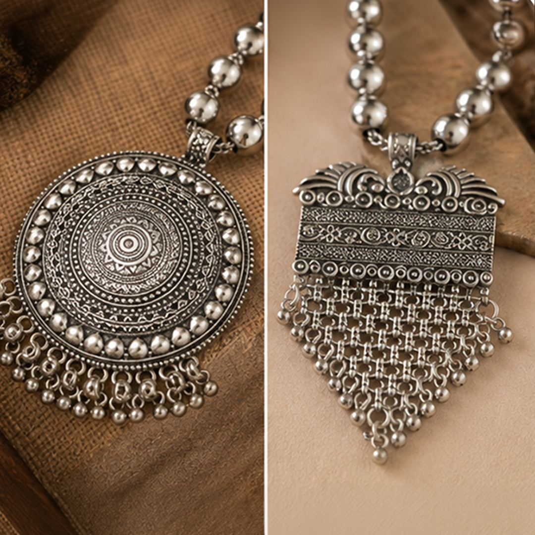 Pack of 4 Tribal Oxidised German Silver Long Necklace Set