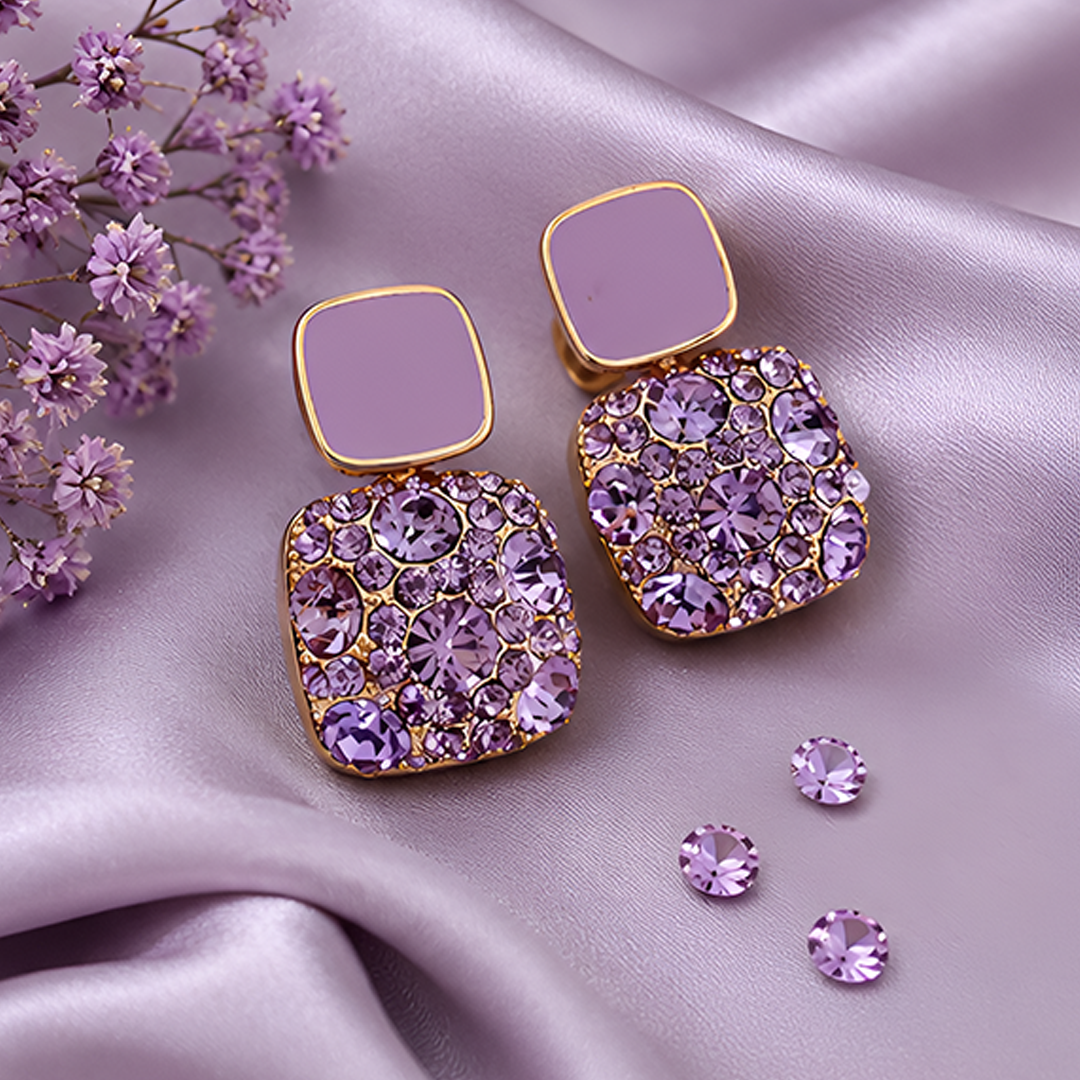 Korean Purple Crystal Butterfly & Square Earring Set