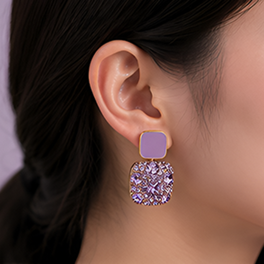 Korean Purple Crystal Butterfly & Square Earring Set