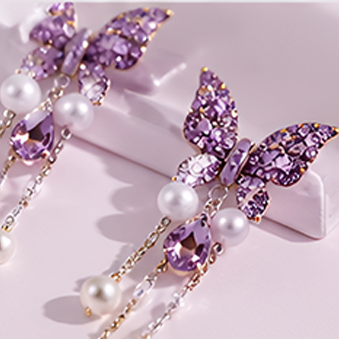 Korean Purple Crystal Butterfly & Square Earring Set