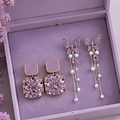 Korean Purple Crystal Butterfly & Square Earring Set