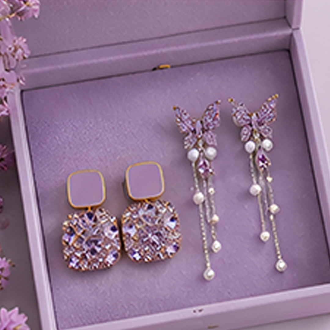 Korean Purple Crystal Butterfly & Square Earring Set