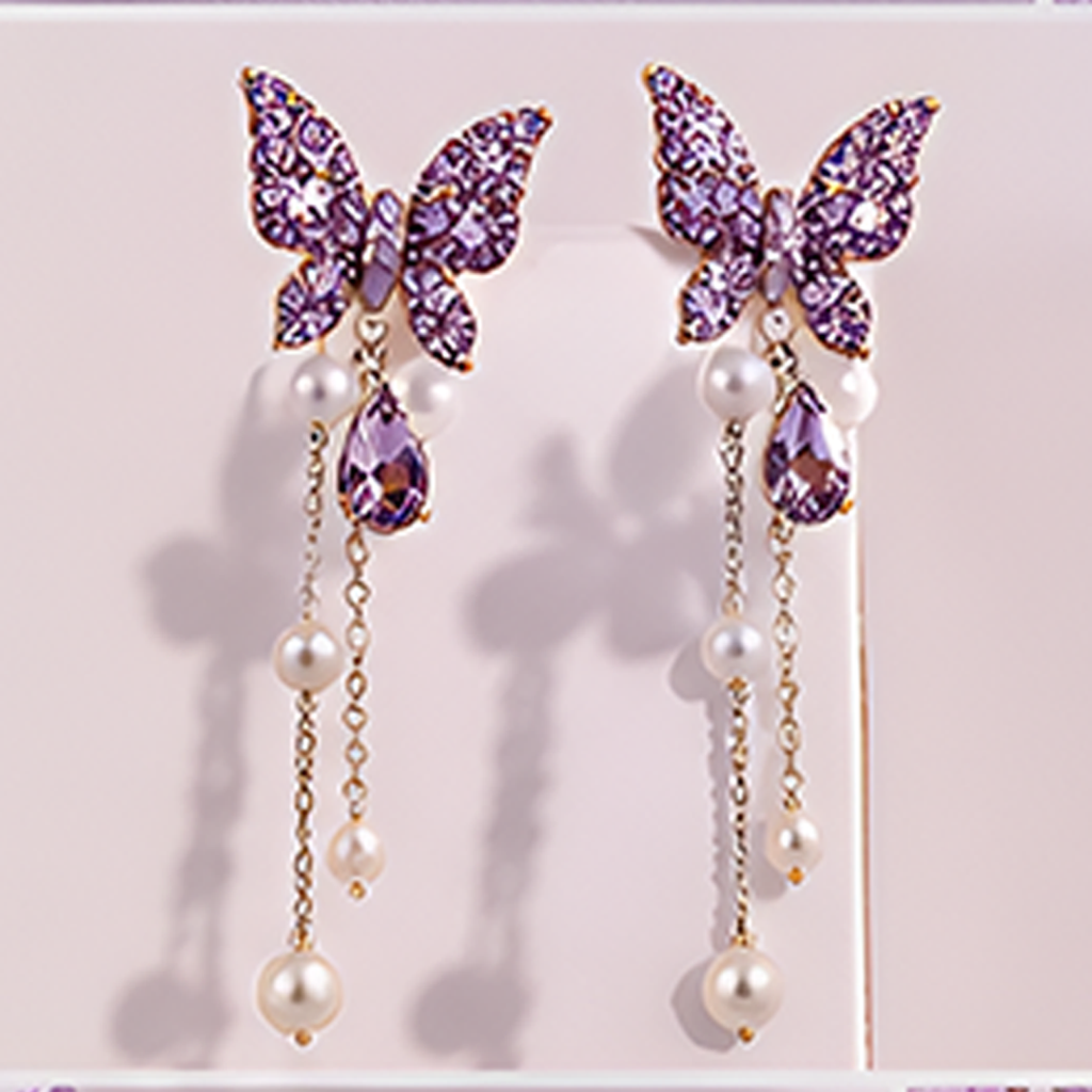 Korean Purple Crystal Butterfly & Square Earring Set