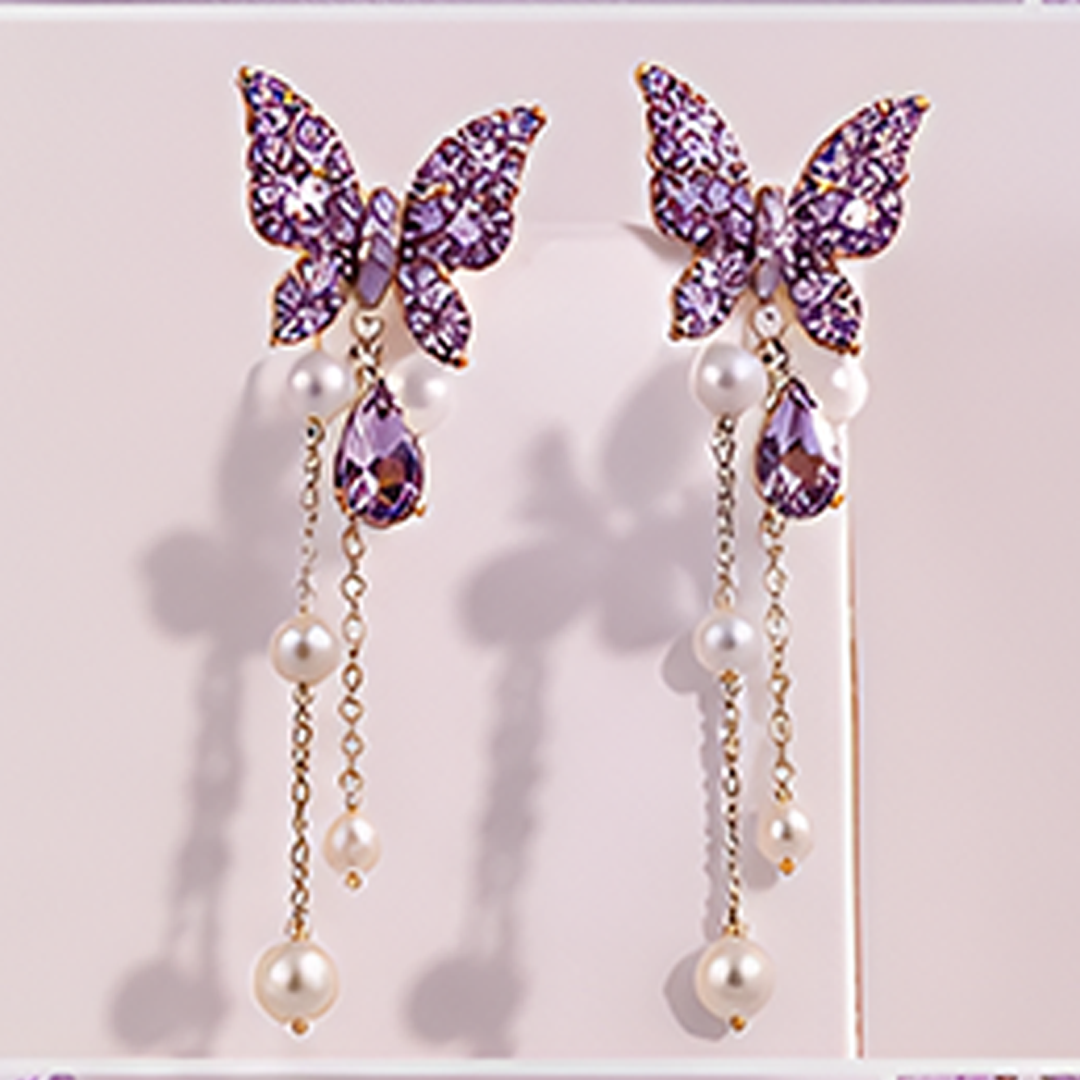 Korean Purple Crystal Butterfly & Square Earring Set