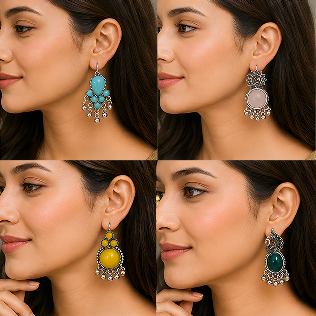 4 Pairs Oxidized Stone Drop Earrings Combo