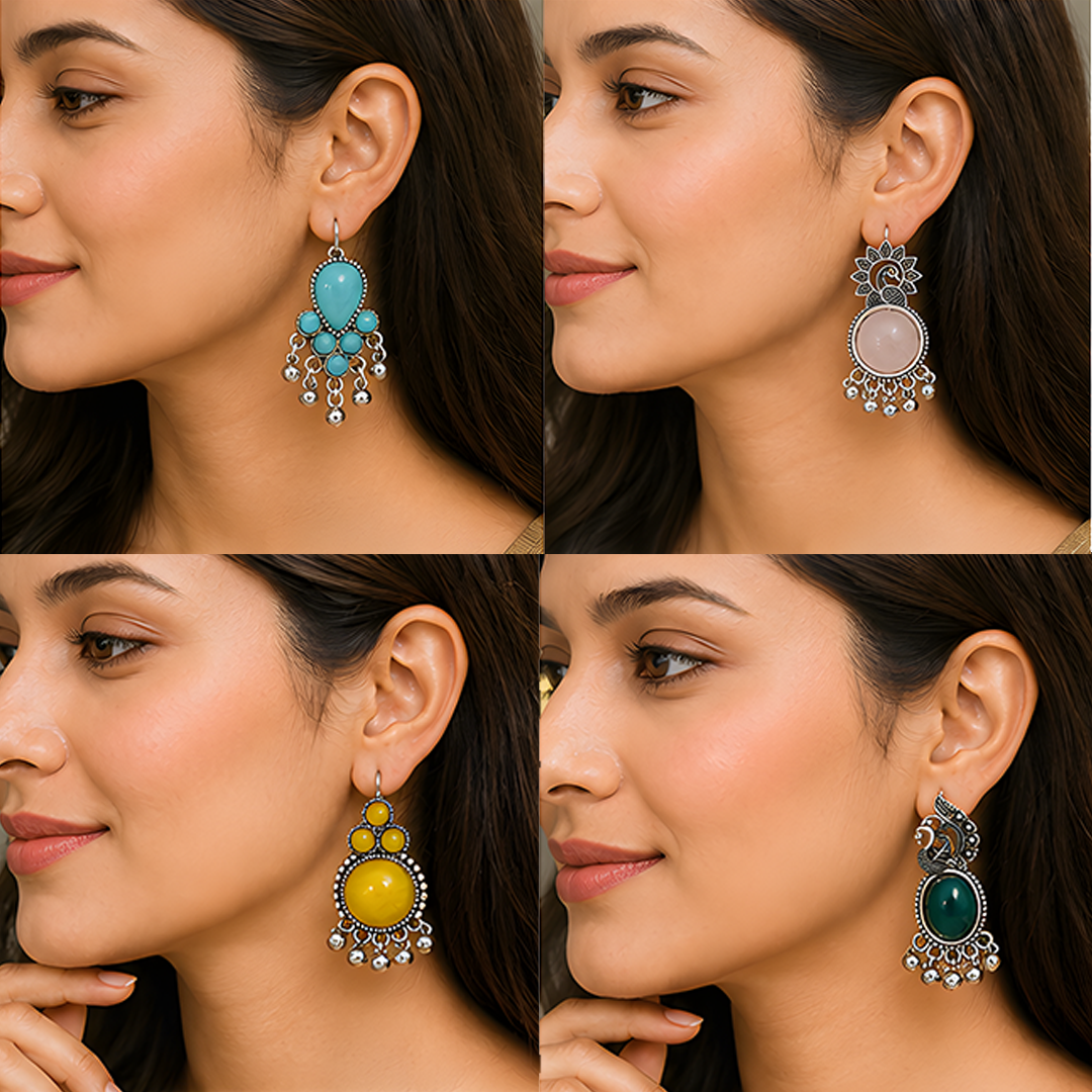 4 Pairs Oxidized Stone Drop Earrings Combo
