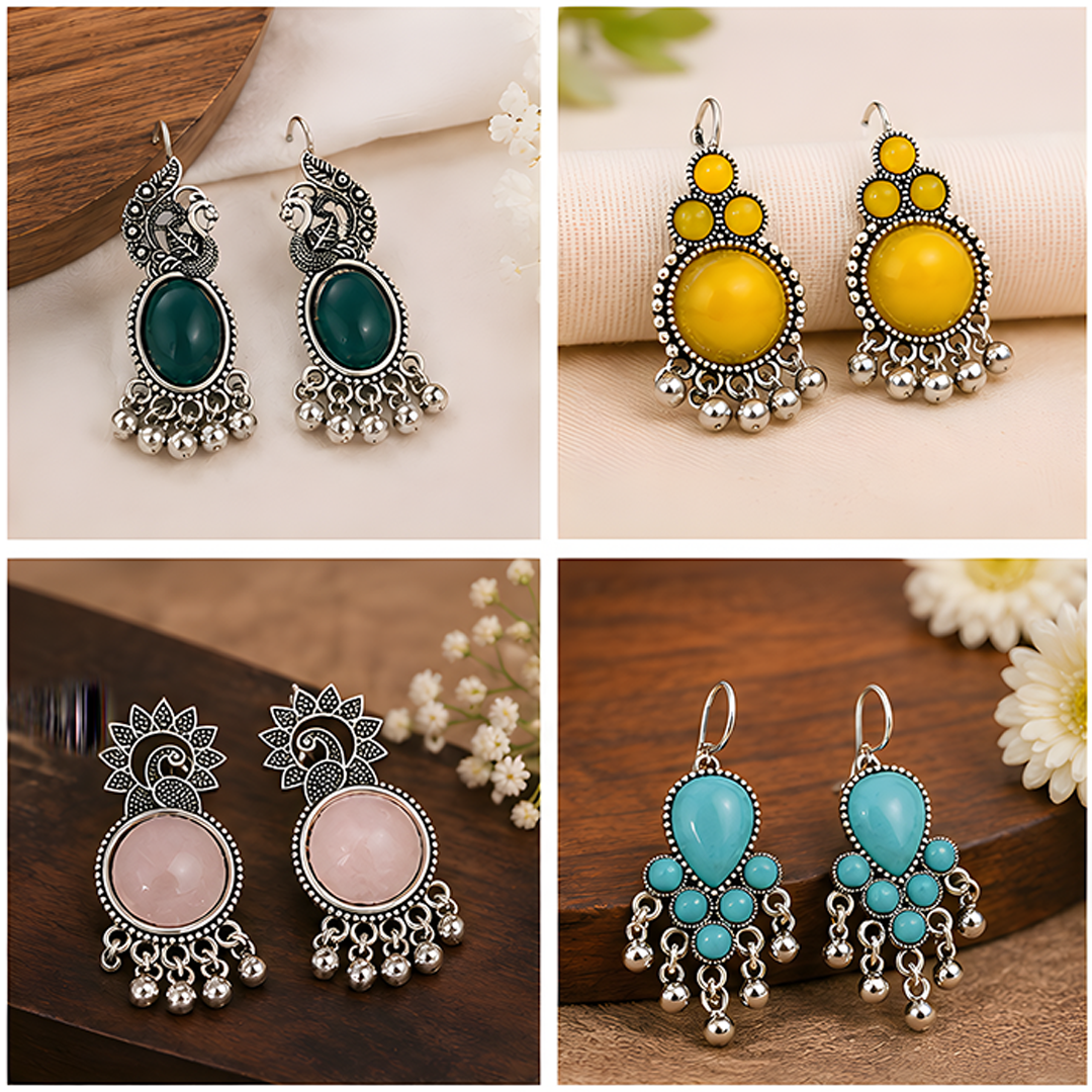 4 Pairs Oxidized Stone Drop Earrings Combo