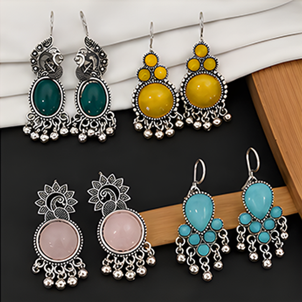 4 Pairs Oxidized Stone Drop Earrings Combo