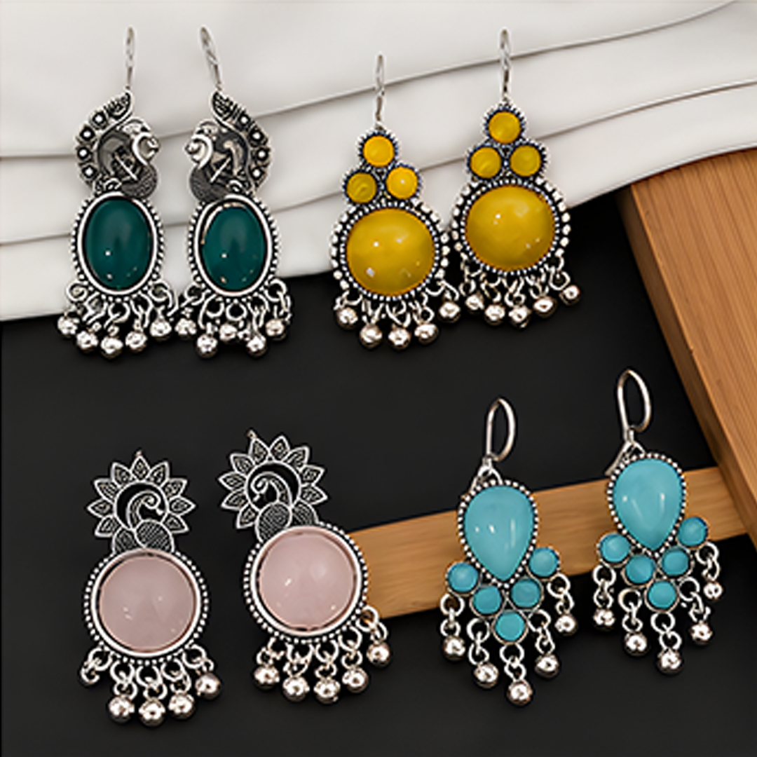 4 Pairs Oxidized Stone Drop Earrings Combo