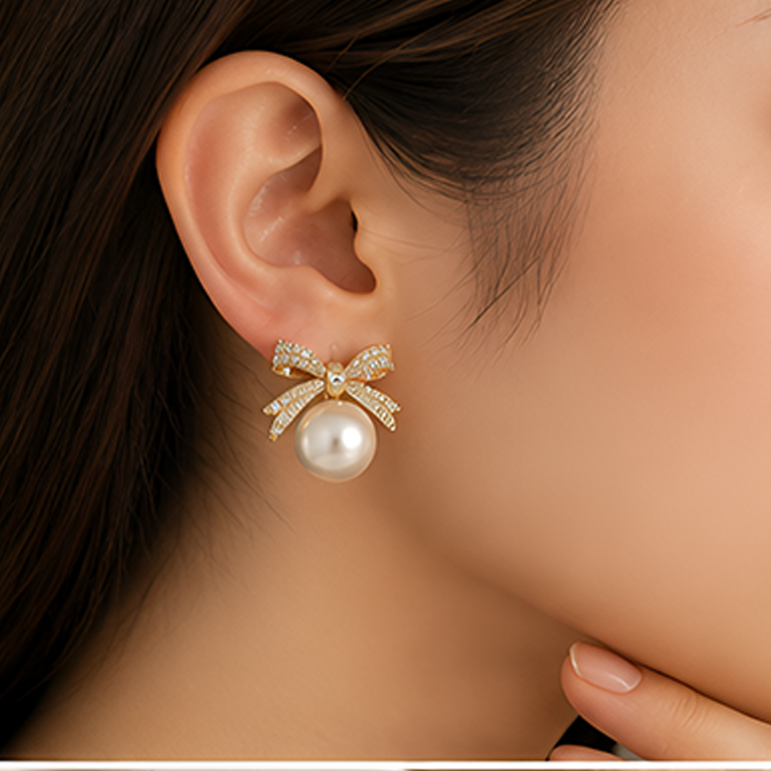 3 Pairs Korean Pearl & Crystal Bow Earring Set