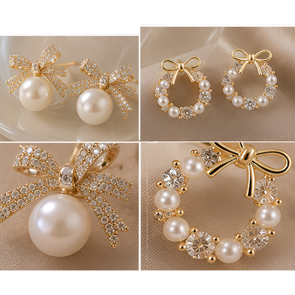 3 Pairs Korean Pearl & Crystal Bow Earring Set
