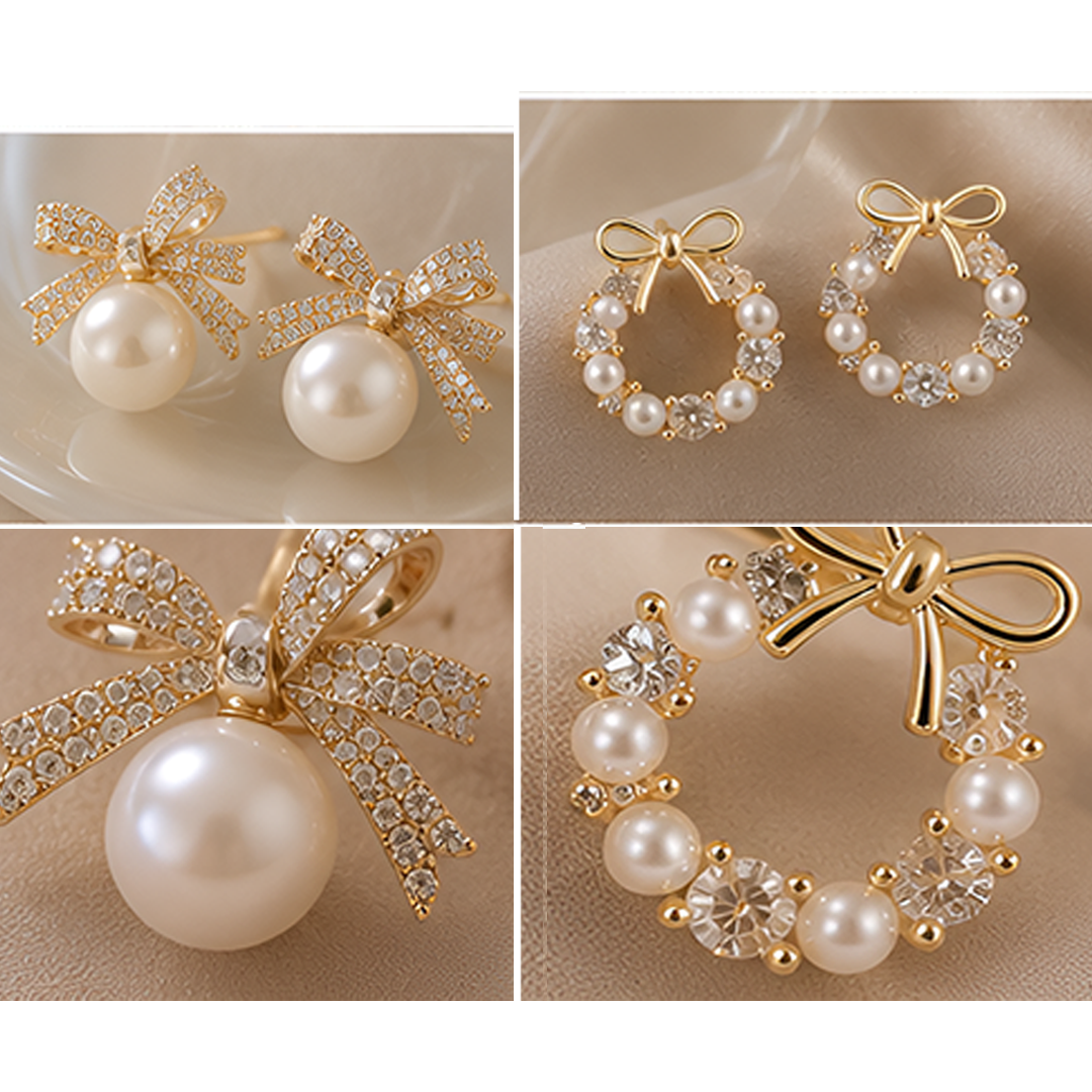 3 Pairs Korean Pearl & Crystal Bow Earring Set