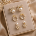3 Pairs Korean Pearl & Crystal Bow Earring Set
