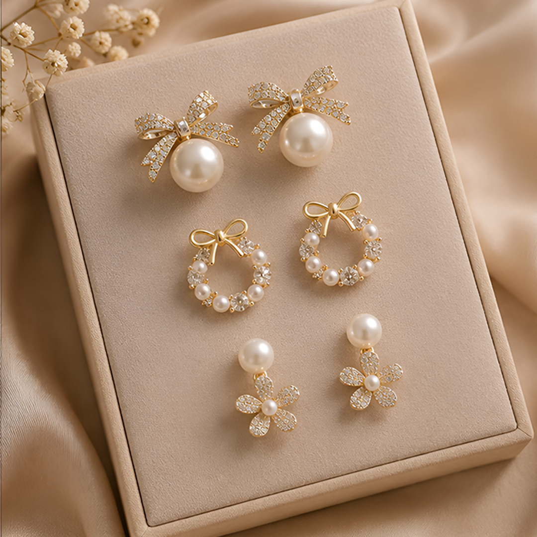 3 Pairs Korean Pearl & Crystal Bow Earring Set