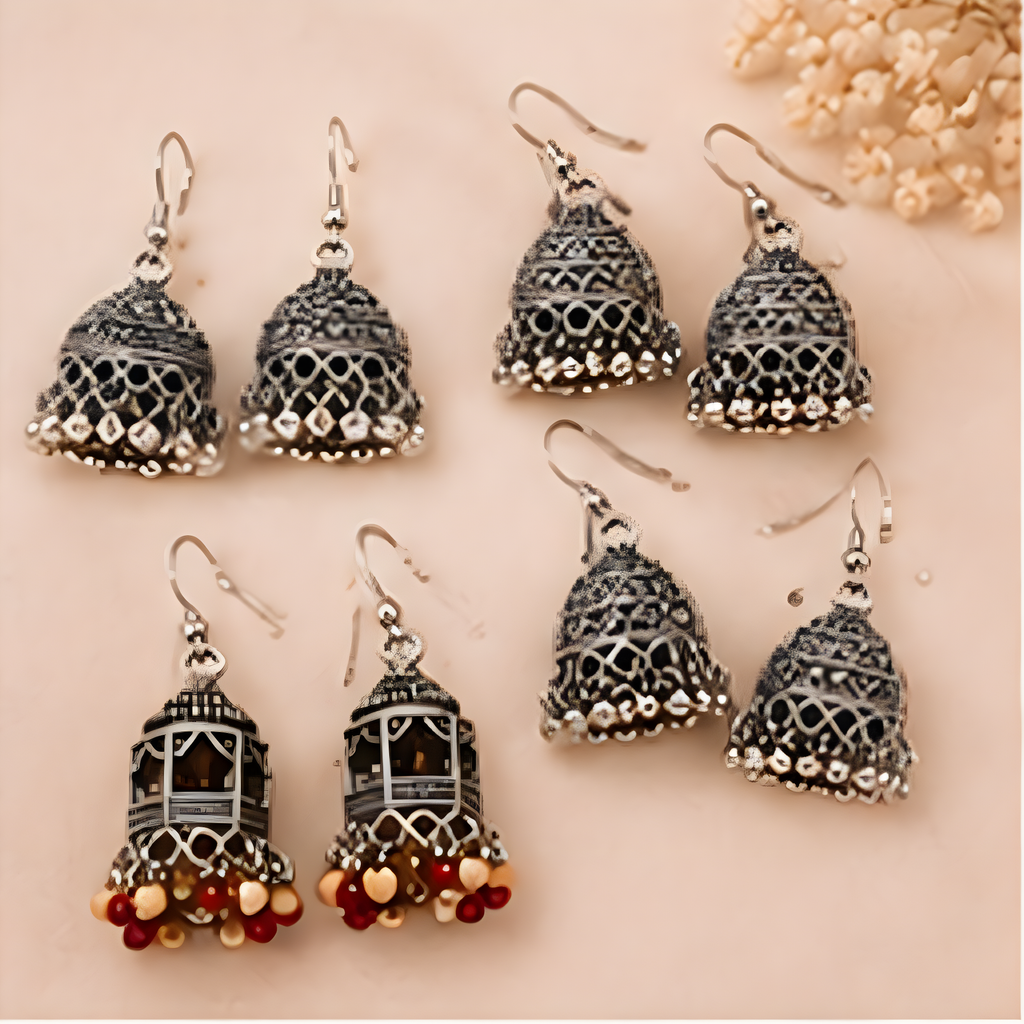 4 Pairs Oxidized Traditional Jhumka Earrings Combo