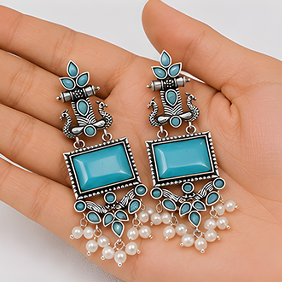 Oxidized Turquoise Stone Long Dangle Earrings