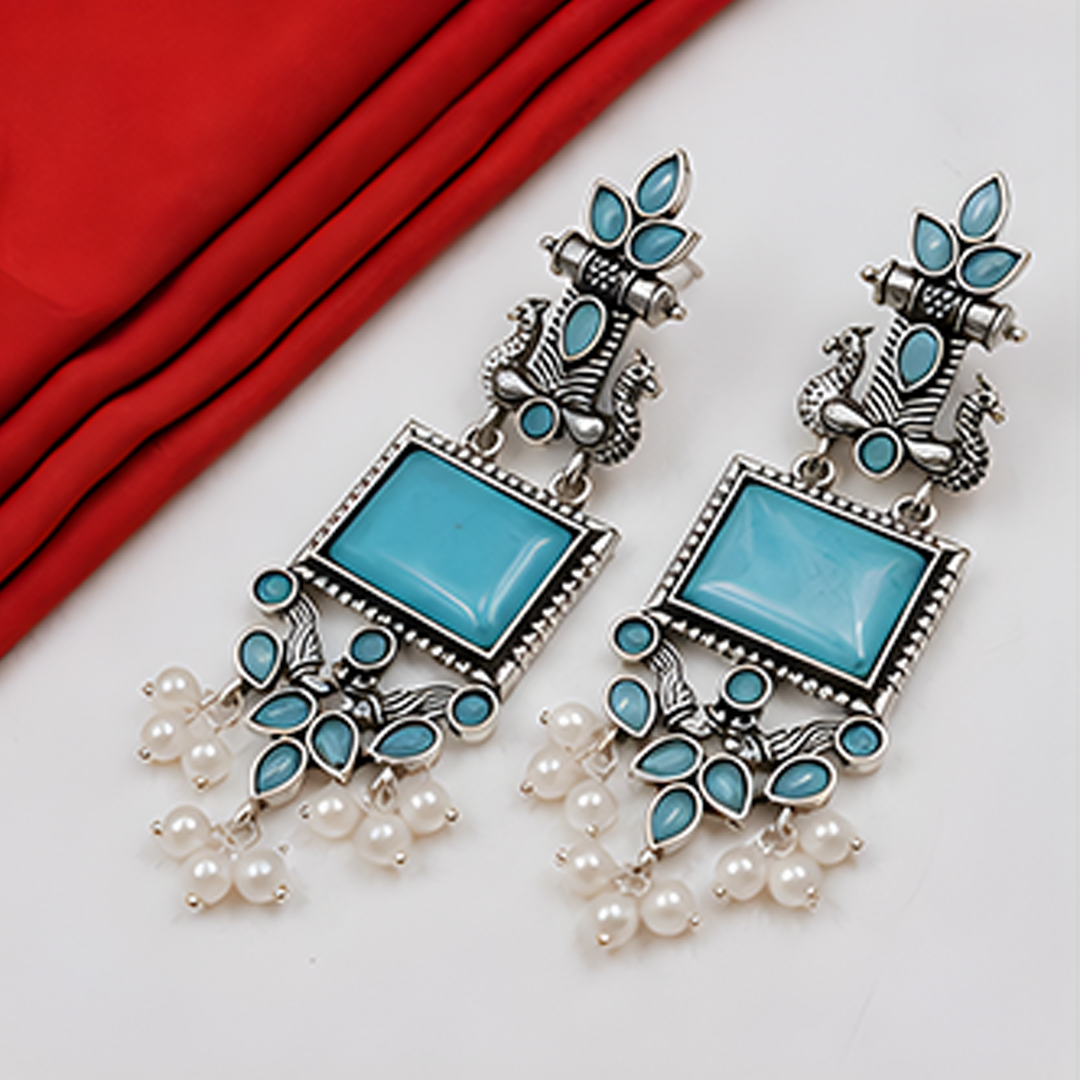 Oxidized Turquoise Stone Long Dangle Earrings