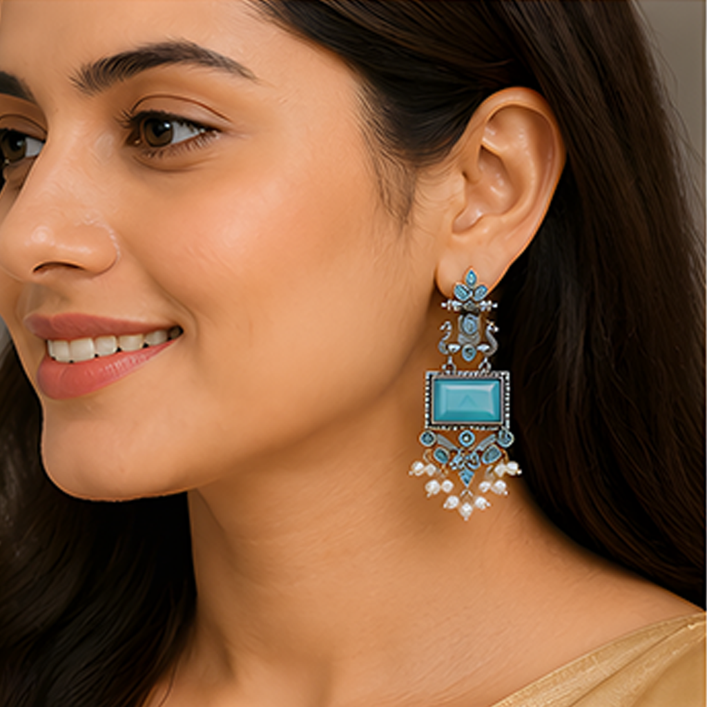 Oxidized Turquoise Stone Long Dangle Earrings