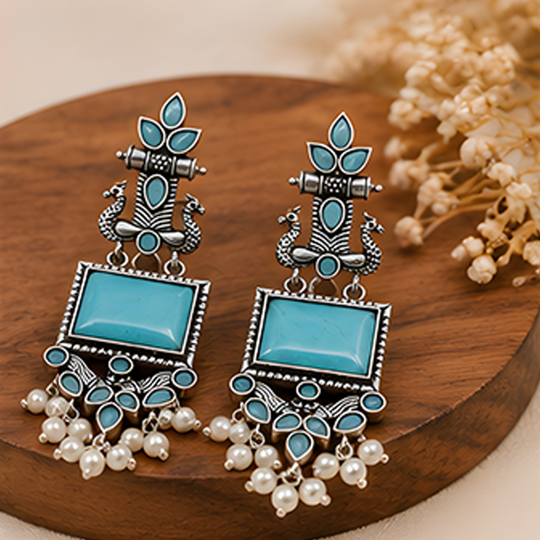 Oxidized Turquoise Stone Long Dangle Earrings