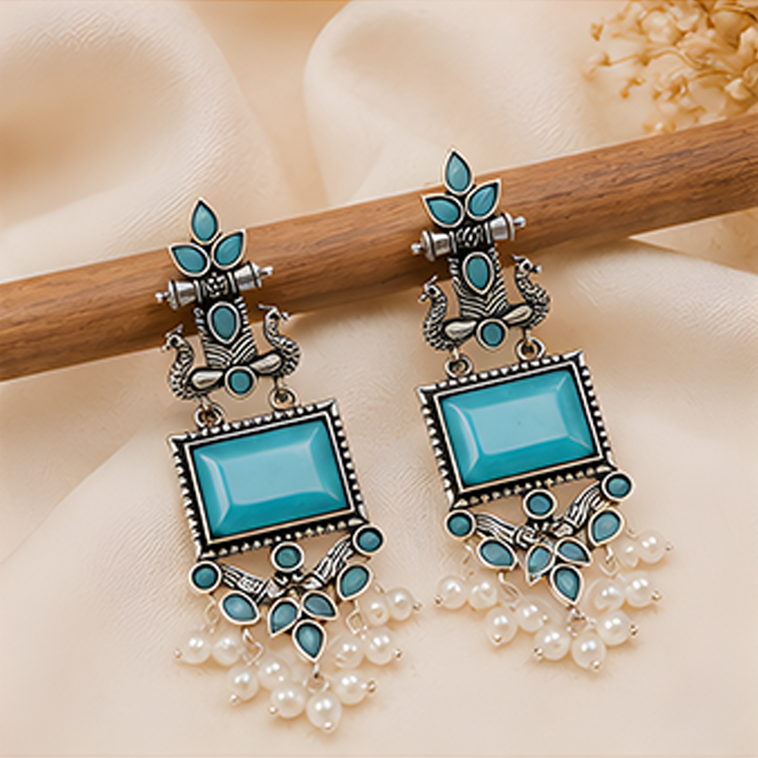 Oxidized Turquoise Stone Long Dangle Earrings