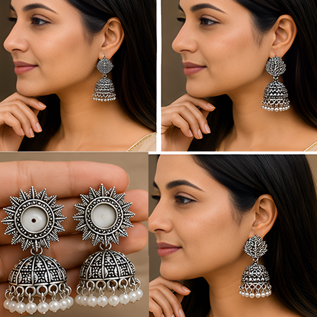 4 Pairs Oxidised Silver Jhumka Earring Combo
