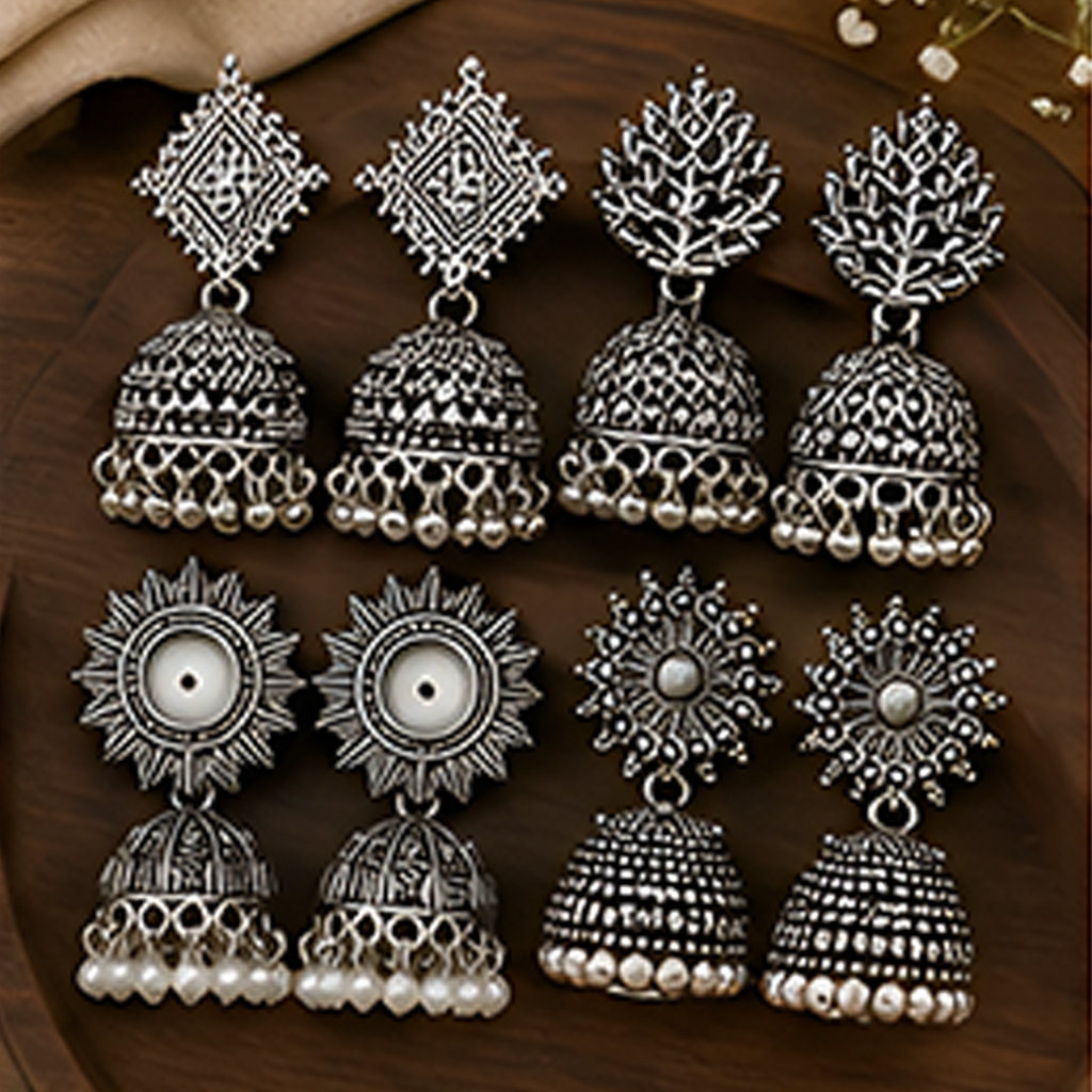 4 Pairs Oxidised Silver Jhumka Earring Combo