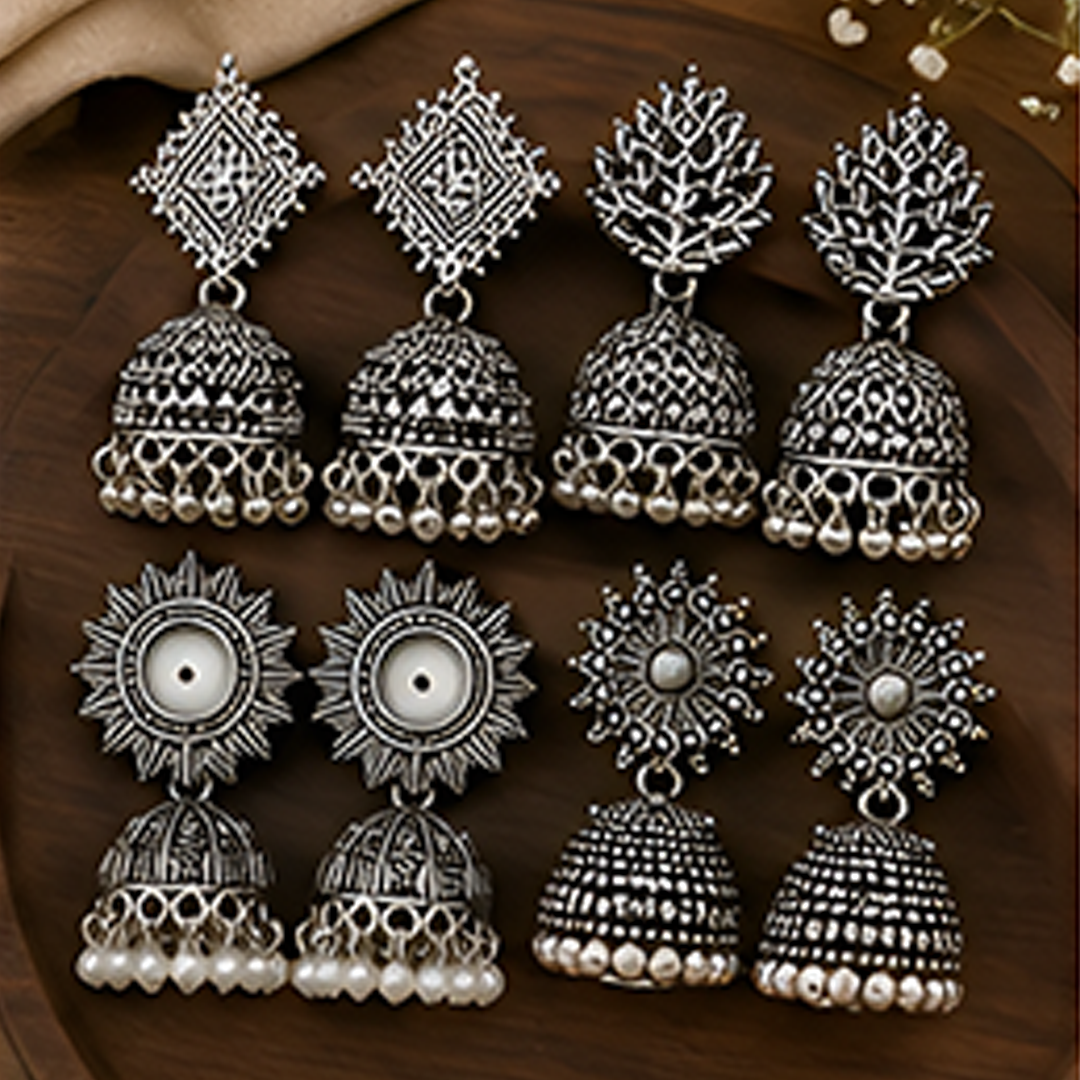 4 Pairs Oxidised Silver Jhumka Earring Combo