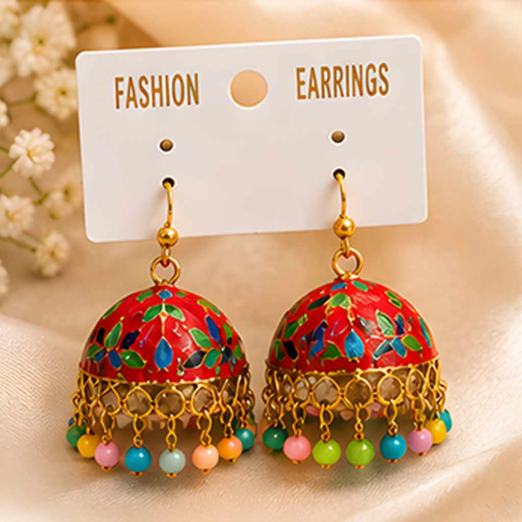 3 Pairs Traditional Enamel Jhumka Earrings Combo