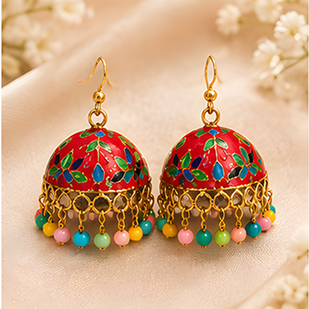 3 Pairs Traditional Enamel Jhumka Earrings Combo
