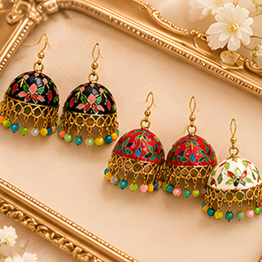 3 Pairs Traditional Enamel Jhumka Earrings Combo