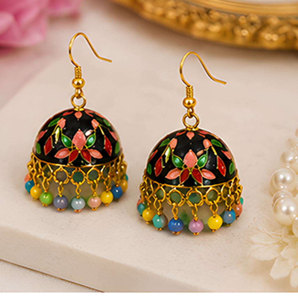 3 Pairs Traditional Enamel Jhumka Earrings Combo