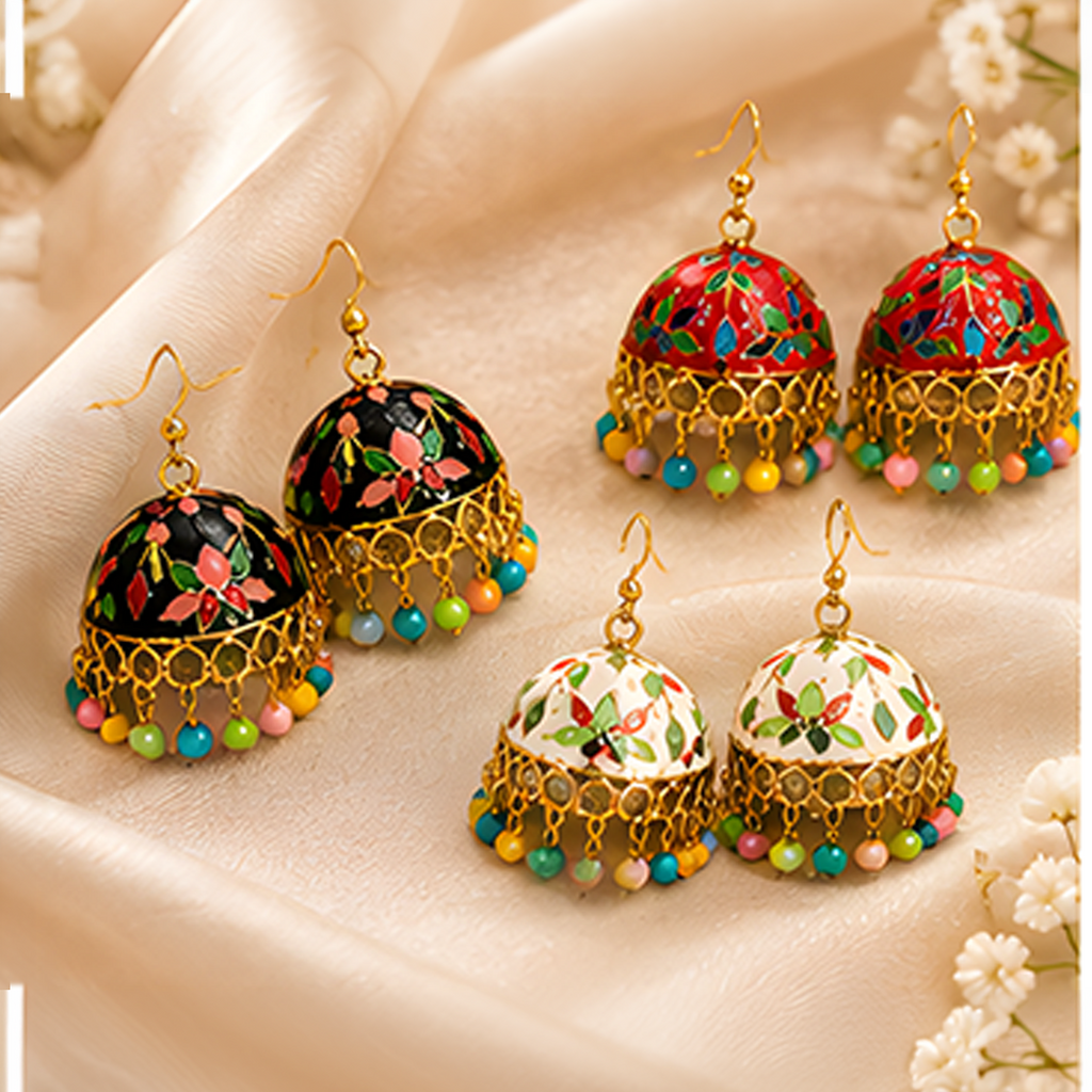 3 Pairs Traditional Enamel Jhumka Earrings Combo
