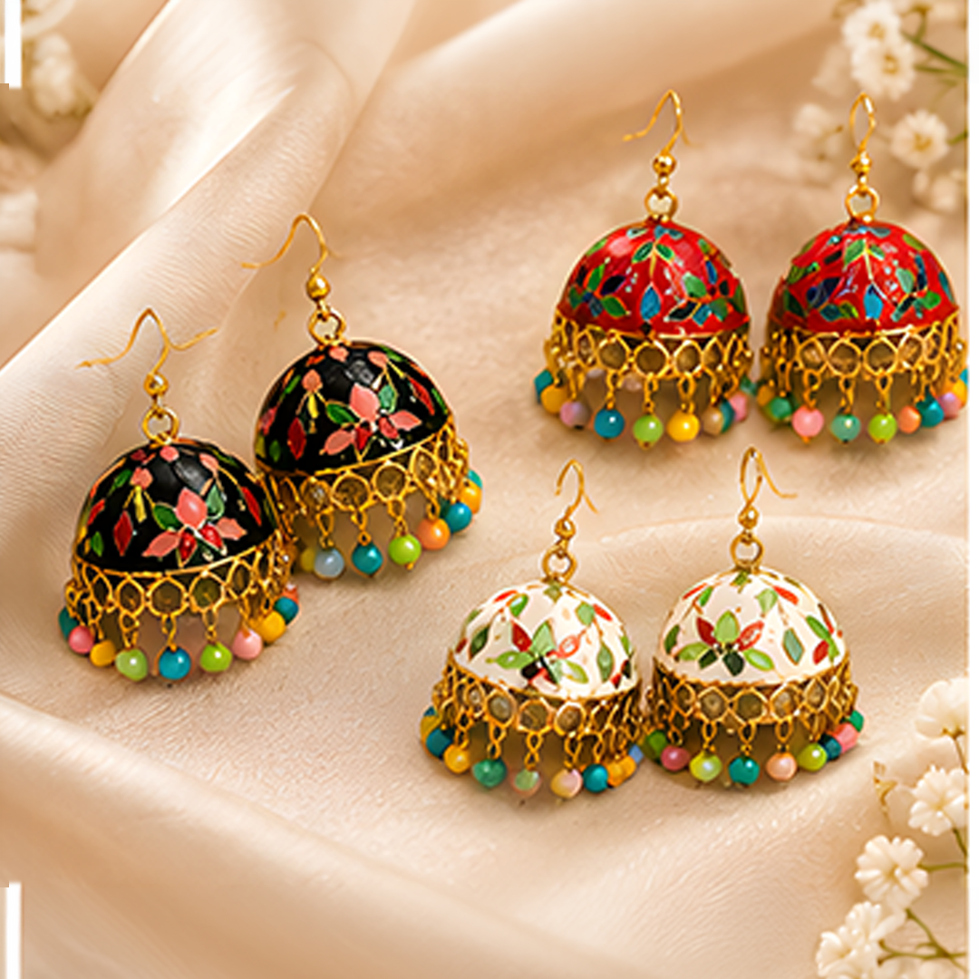 3 Pairs Traditional Enamel Jhumka Earrings Combo