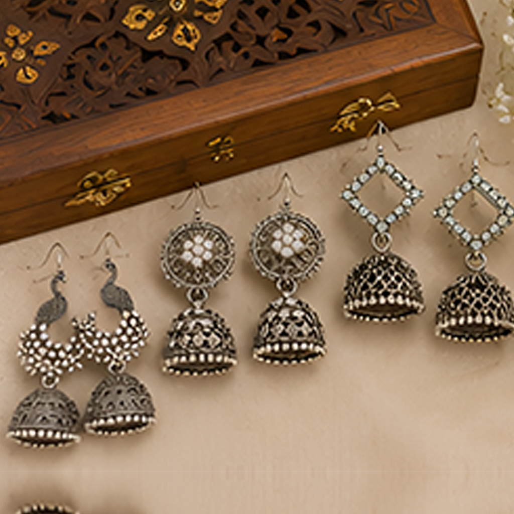 4 Pairs Theme-Based Oxidised Silver Jhumka Combo