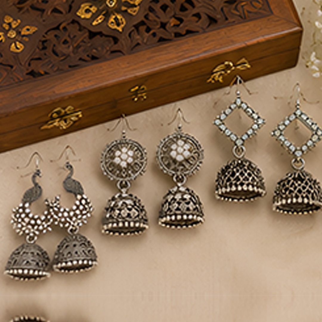 4 Pairs Theme-Based Oxidised Silver Jhumka Combo
