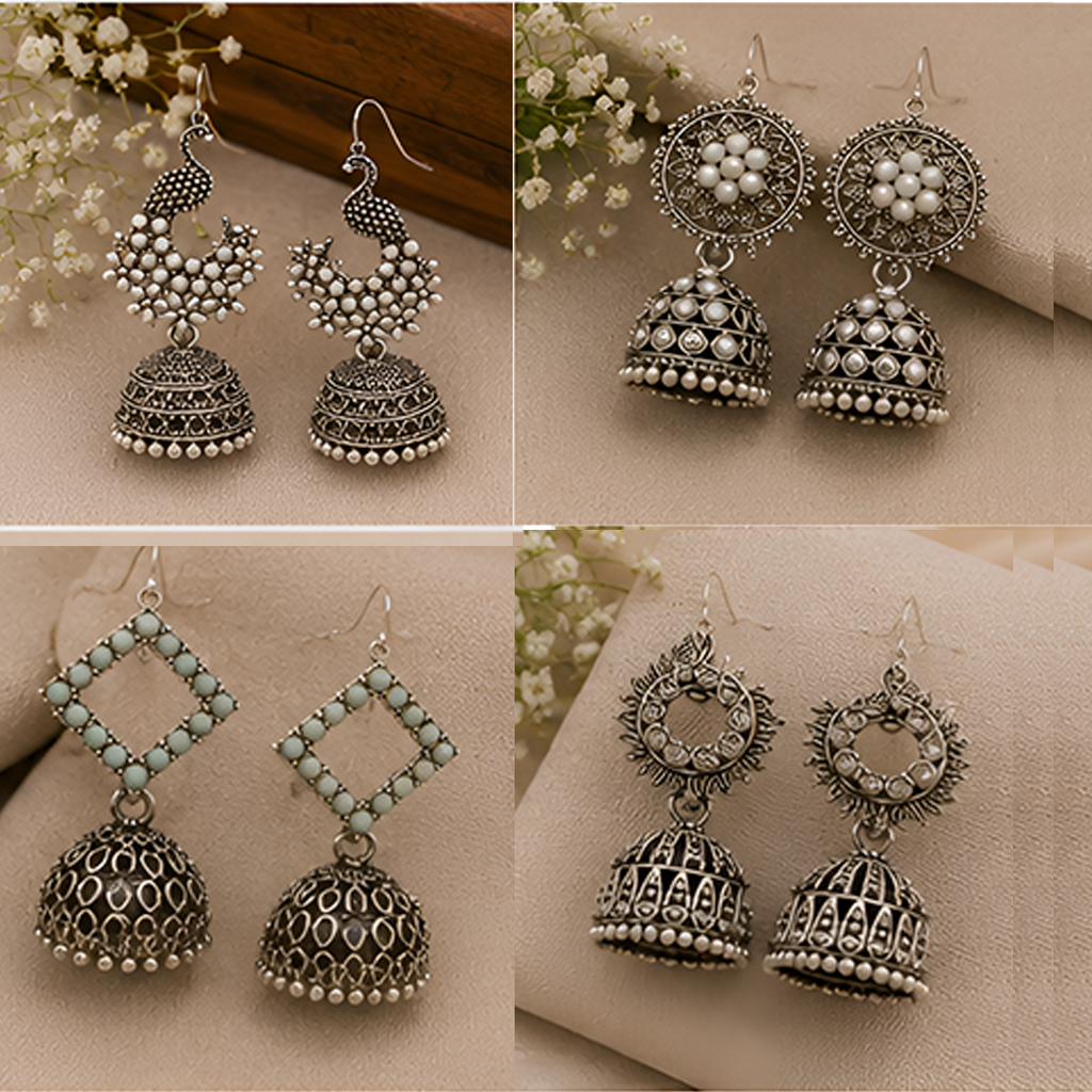 4 Pairs Theme-Based Oxidised Silver Jhumka Combo