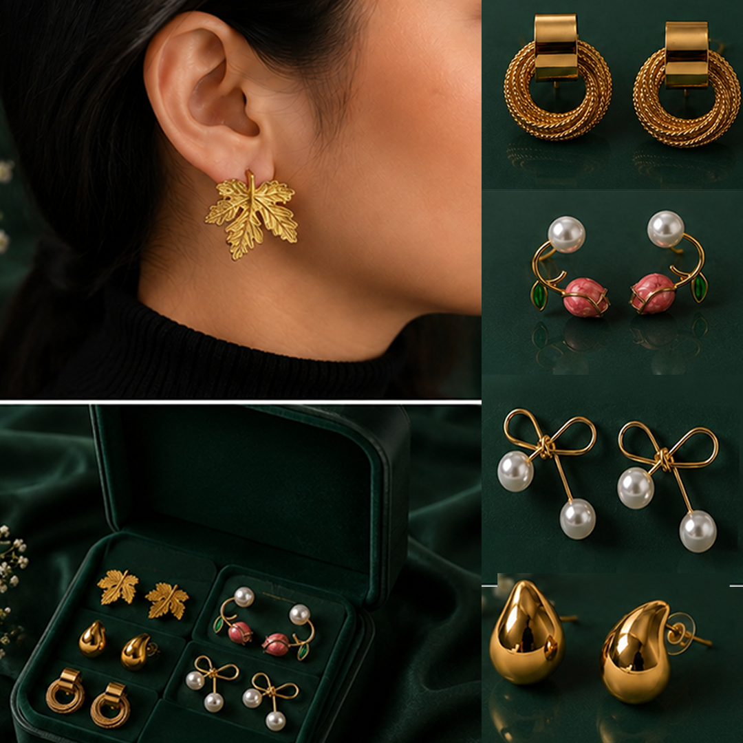Pack of 5 Korean Gold-Plated Designer Earring Set