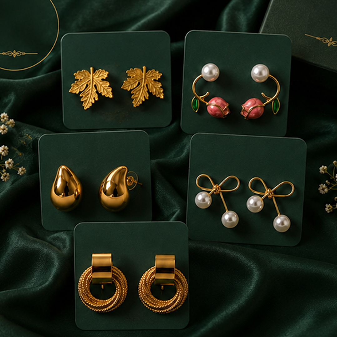 Pack of 5 Korean Gold-Plated Designer Earring Set