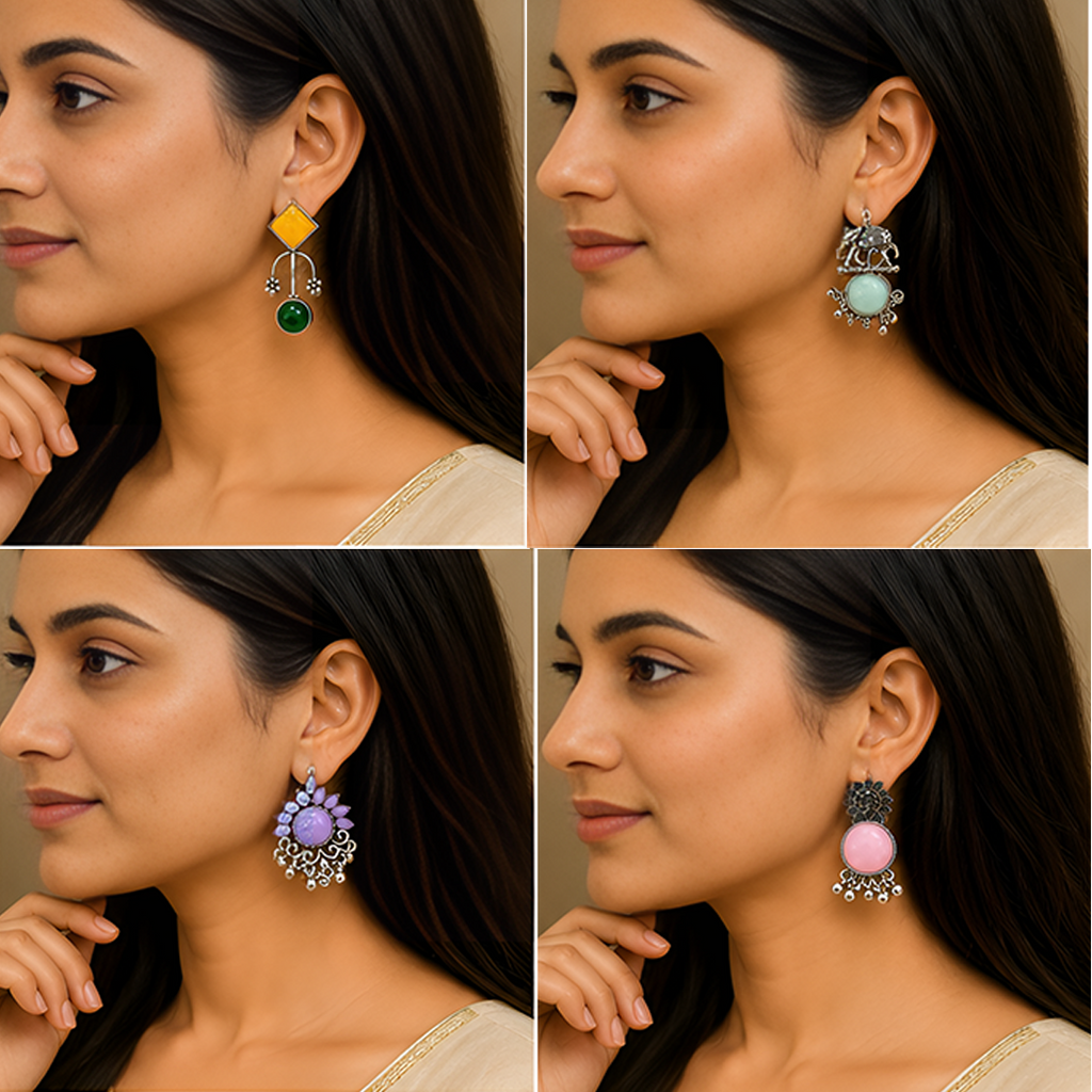 6 Pairs Traditional Silver Jhumki & Drop Earring Set