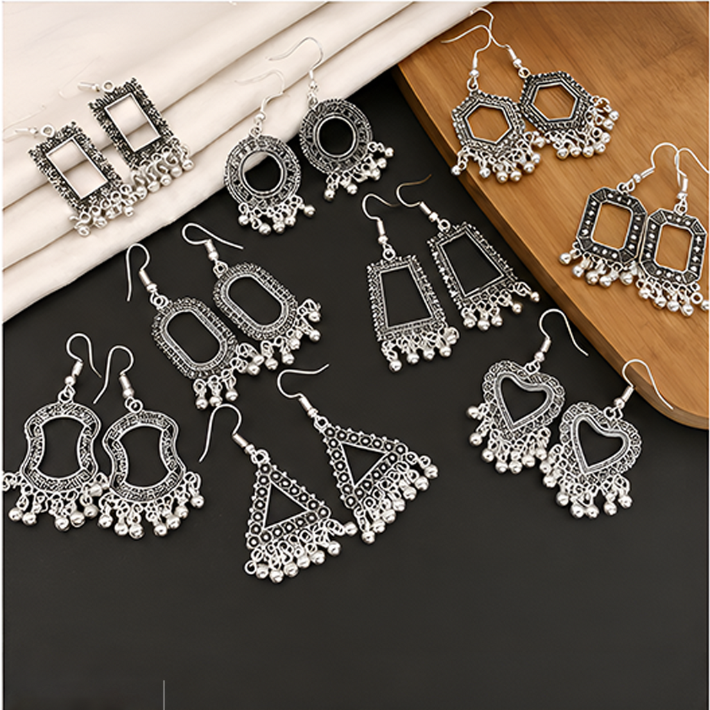 9 Pairs Oxidized Geometric Silver Earrings Combo