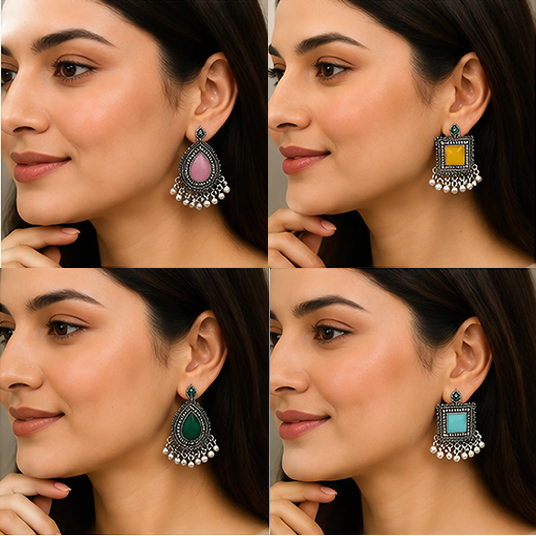 4 Pairs Geometric & Teardrop Oxidised Earring Combo