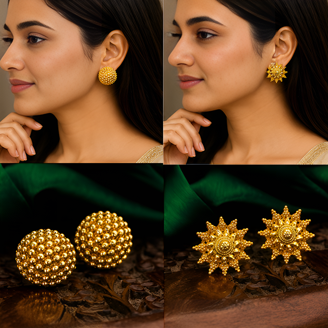 2 Pairs Gold Plated Designer Stud & Ball Earring Combo