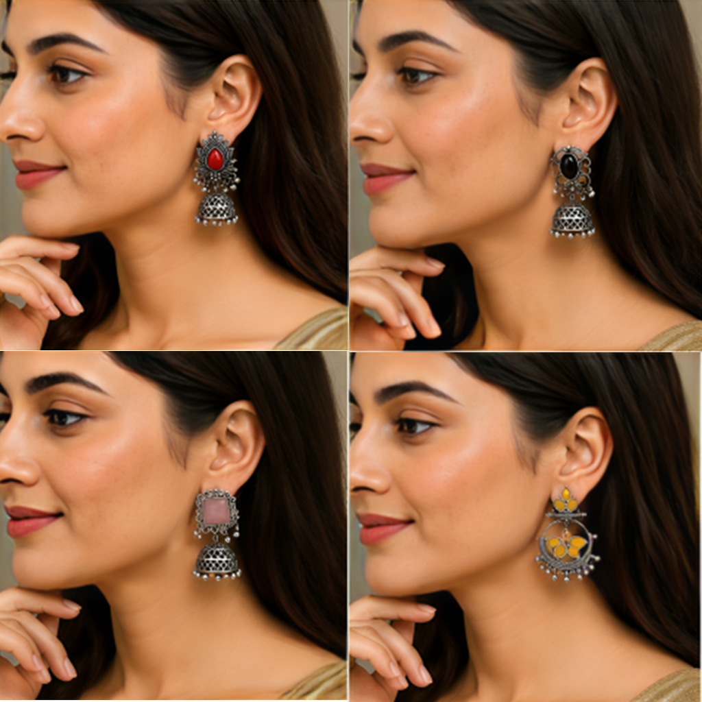 5 Pairs Colorful Stone Oxidized Jhumka Combo