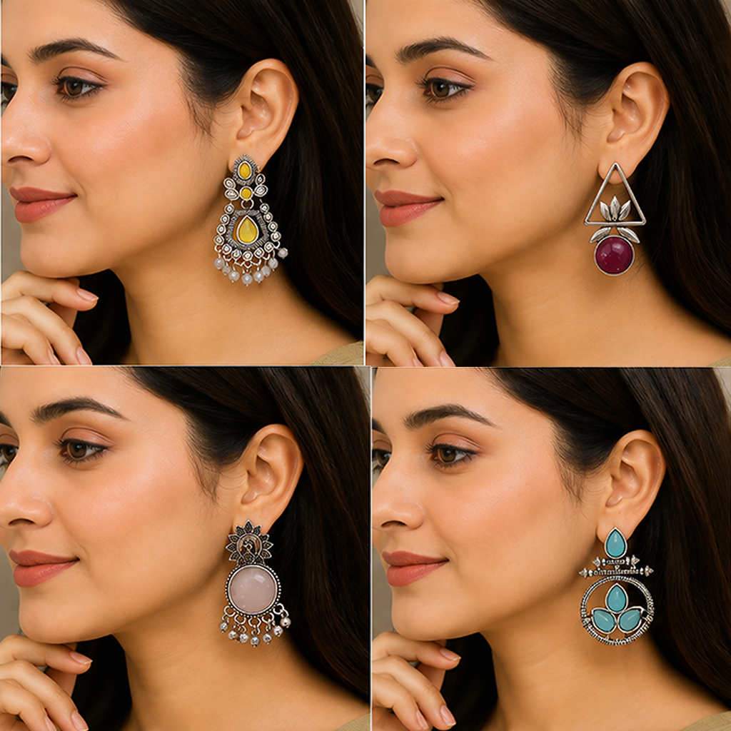 4 Pairs Designer Oxidised Silver Earring Combo