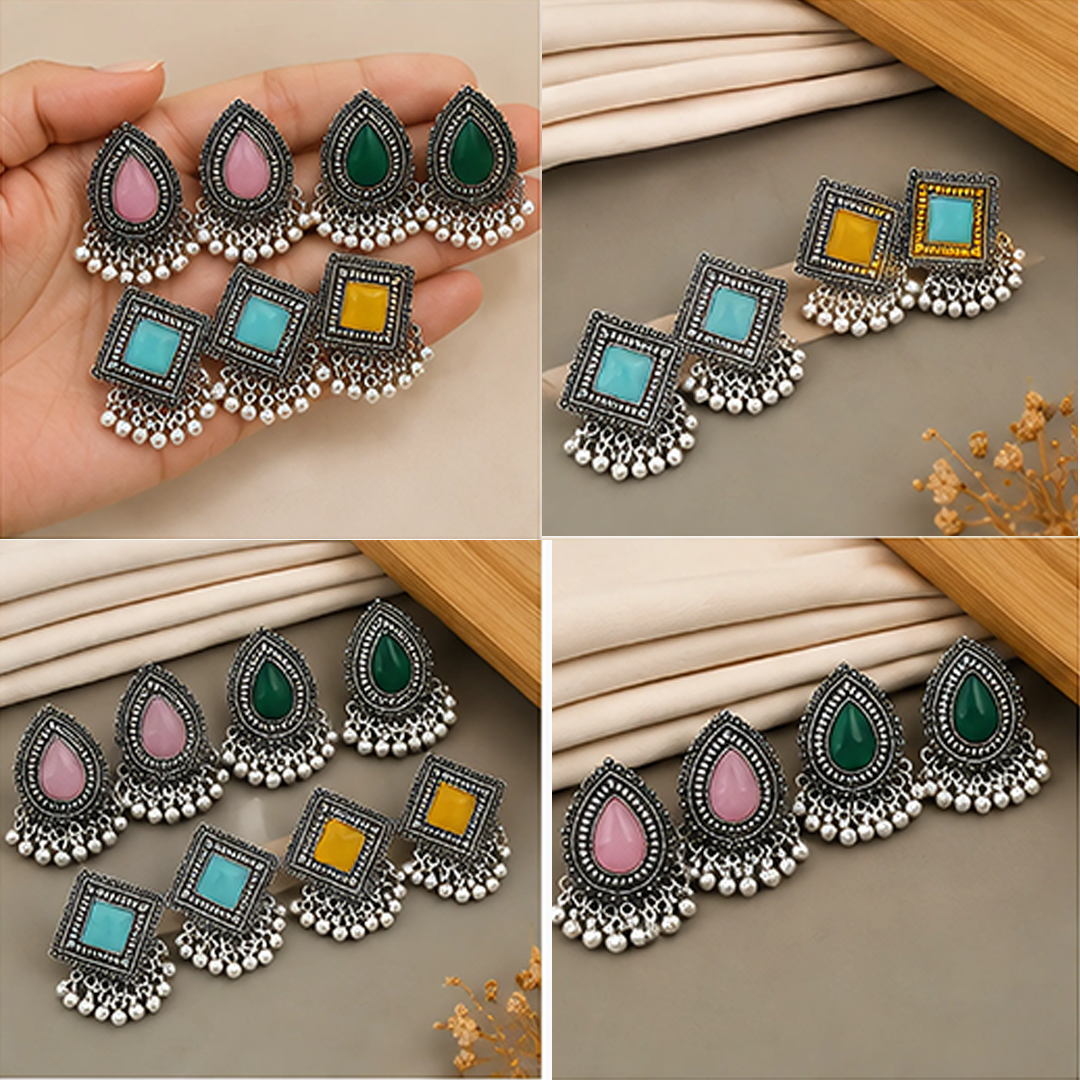 4 Pairs Geometric & Teardrop Oxidised Earring Combo