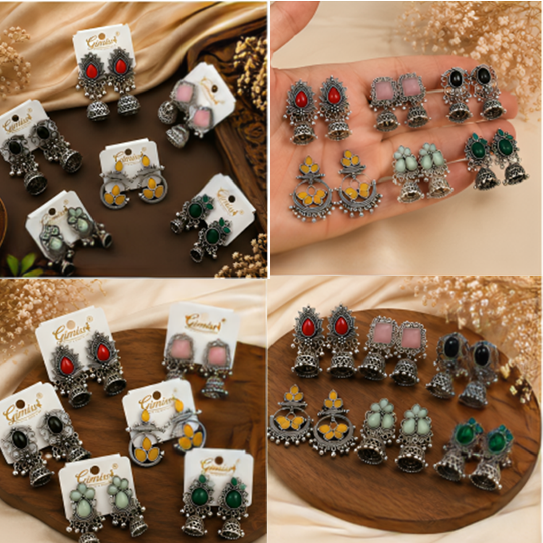 5 Pairs Colorful Stone Oxidized Jhumka Combo